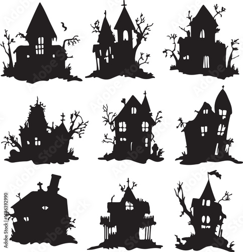 Spooky Halloween Haunted House Silhouettes Set, Black and White Art