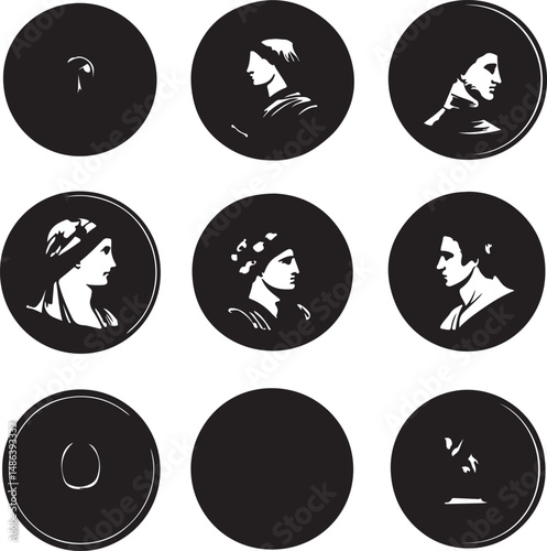Black and White Silhouette Portraits in Circular Frames: Art Design