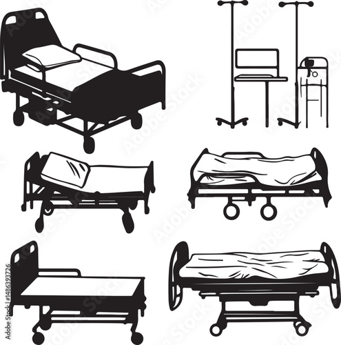 Hospital Beds and Medical Equipment Silhouette Vector Set