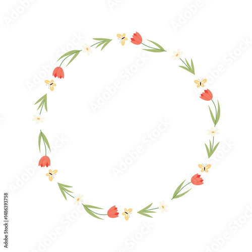 Spring Floral Wreath with Tulips and Butterflies Pastel Vector Circle Frame