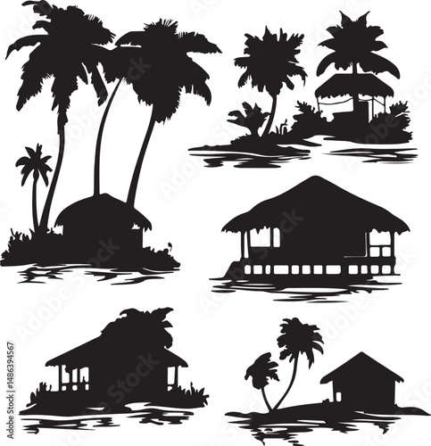 Tropical Island Silhouettes: Palm Trees, Beach Huts, and Ocean Views