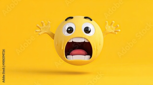 Shocked emoji with open mouth and raised arms on yellow background expressing extreme fear