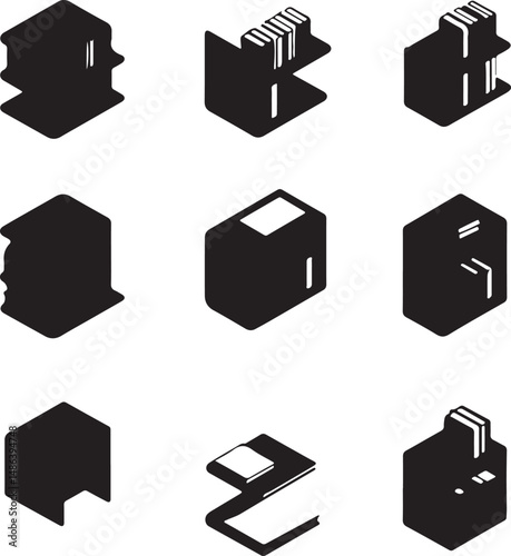 Isometric Bookcase Silhouettes: Minimalist Black and White Design