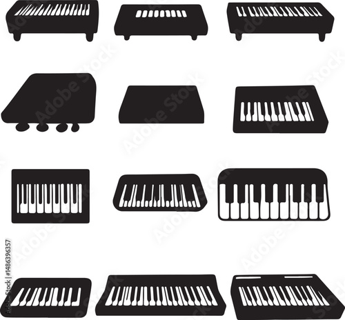Keyboard Instruments Silhouettes: Musical Keys, Black & White Vector Art