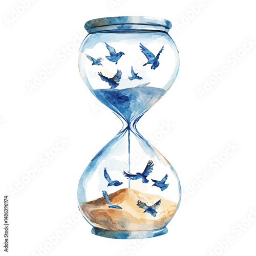 watercolor vector of Hourglass With Sand Turning Into Birds, high quality, isolated on a white background.