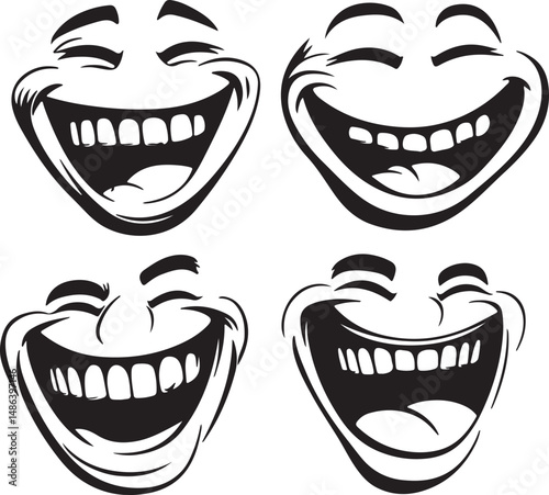 Smiling Faces Vector Set, Black and White Cartoon Laughing