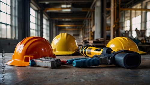 Construction tools and safety helmets resting on table in industrial workshop