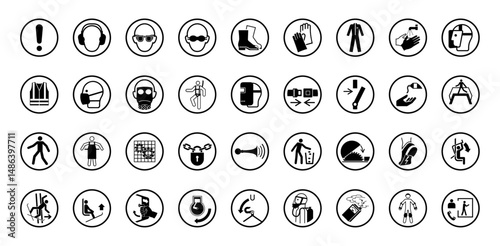 Set of safety signs for personal protective equipment. Black icons include goggles, gloves, helmets, masks, and safety apparel symbols.