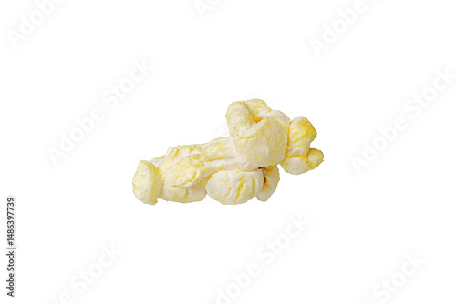 macro popcorn on isolated and white background close up