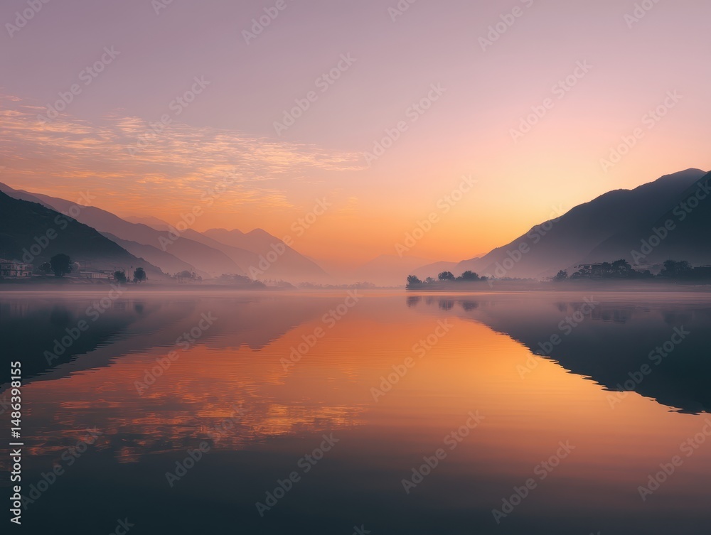 Naklejka premium Tranquil Foggy Lake at Sunrise with Mountains in Background and Soft Color Palette of Orange, Purple, and Pink Reflecting on Water Surface