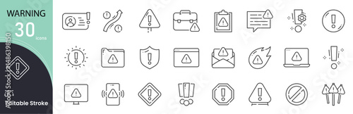 Warning related icon collections. Containing Warning, Alert, Caution, Danger, Error, Notification, Exclamation, Hazard, Attention, and Signal icons. Editable Stroke . Outline icon 
