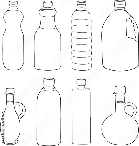Set of eight different shaped bottles, including plastic and glass with various cap styles and one with a handle. Outline vector illustration for liquid containers.