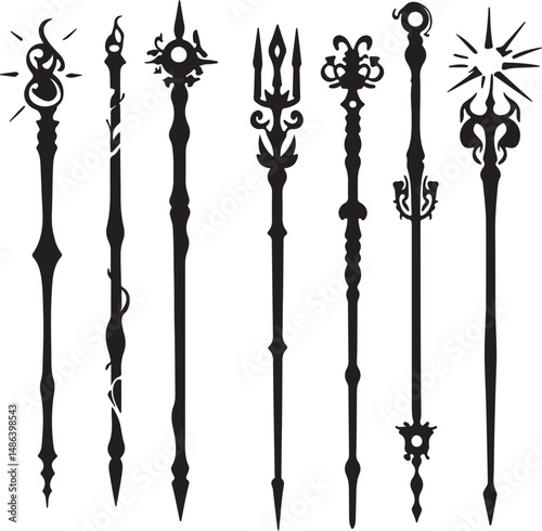 Fantasy Staff Silhouettes: Magic Wands and Wizarding Tools Design