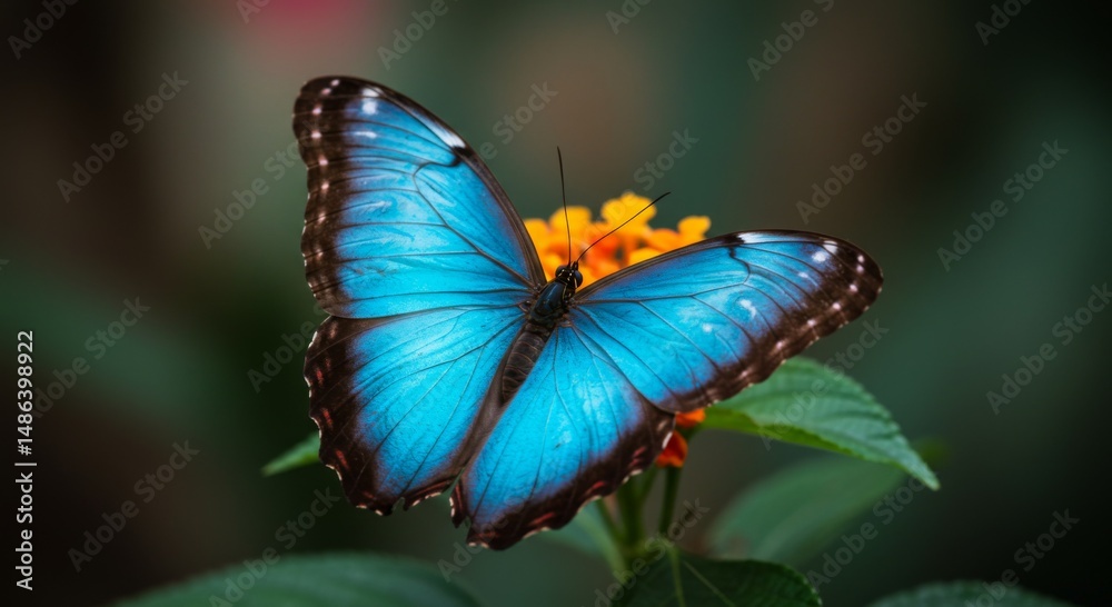 Fototapeta premium Blue Morpho Butterfly on Orange Flower