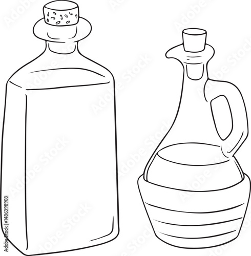 Two vintage-style bottles, one square with a cork and the other with a handle and stopper, likely for oil, vinegar, or other liquids. Simple outline vector illustration.