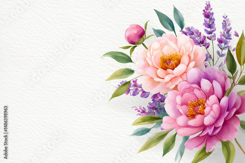 Watercolor Floral Arrangement Featuring Pink Peonies Purple Lavender Green Leaves on Textured White Paper