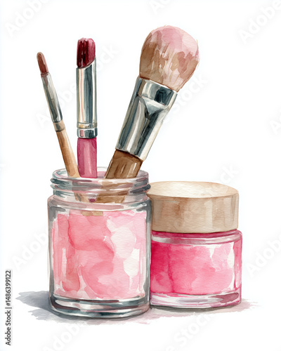 Watercolor Illustration Of Pink Makeup Brushes Lipstick And Cosmetics In Glass Jars On White Background