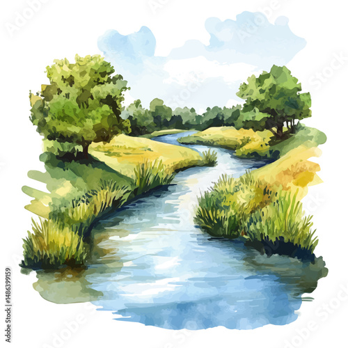 Hot Summer Day By A Sparkling River, watercolor vector, high quality, isolated on a white background.