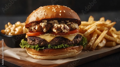 A premium gourmet fast food arrangement featuring mouthwatering handcrafted burgers and sides of garlic parmesan fries overlay cut out on isolated transparent removed background