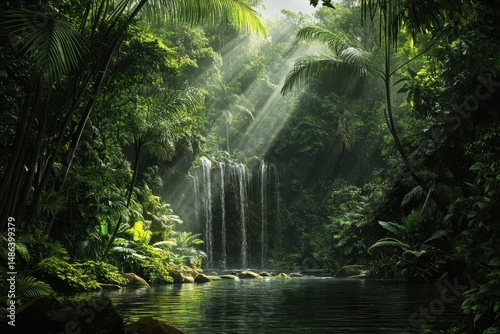 Fototapeta Naklejka Na Ścianę i Meble -  Lush Amazon rainforest with cascading waterfall and vibrant greenery under sunlight, Amazon jungle rainforest wild nature landscape