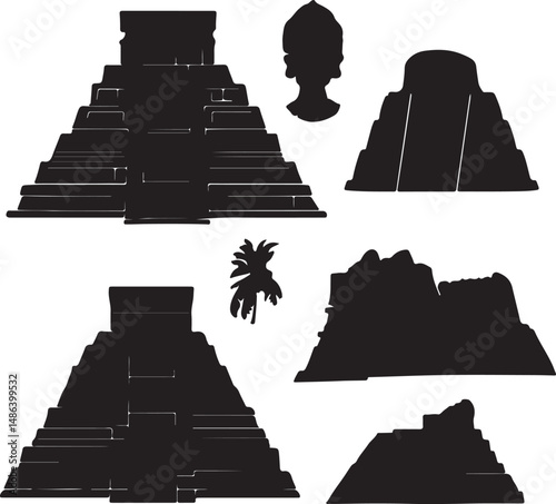 Silhouettes of Mayan Pyramids, Ancient Temples, and Palm Tree