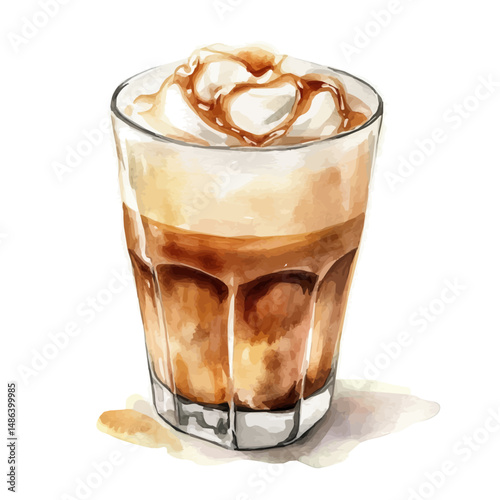watercolor vector of Hot Caramel Macchiato, high quality, isolated on a white background.