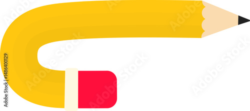 Curved graphic line, in the shape of a wooden graphite pencil with an eraser tip, changing direction in a curve, to point out elements of the graphic composition