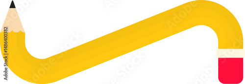 Curved and diagonal graphic line, in the shape of a wooden graphite pencil with a rubber tip, to direct information in design