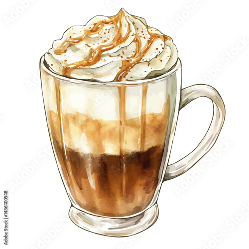 Hot Caramel Macchiato, watercolor illustration vector, high quality, isolated on a white background.