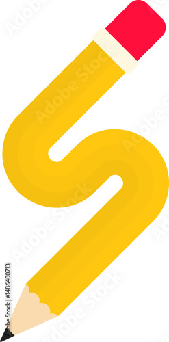 Wavy graphic line, with a curve like letter S, in the shape of a wooden graphite pencil with rubber tip, to point out information in the design