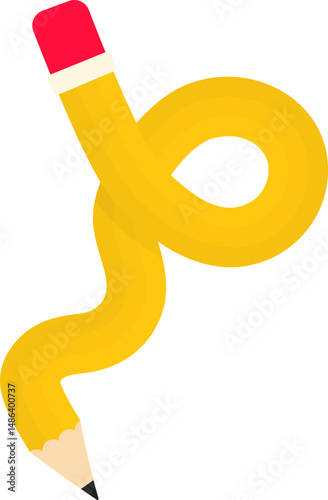 Curved graphic line, shaped like a wooden graphite pencil with an eraser tip, with a loop