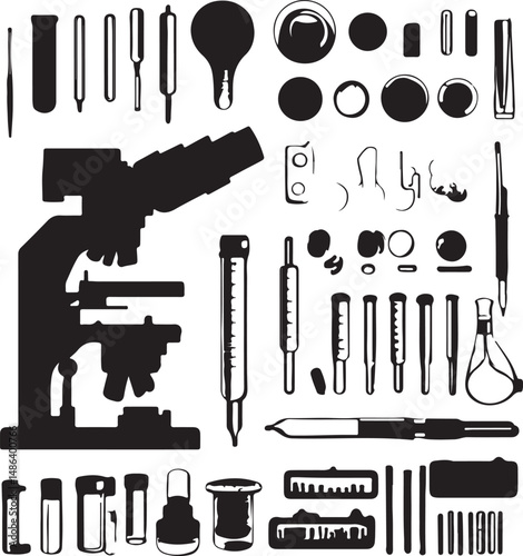 Black and White Science Lab Equipment Silhouette Vector Illustration