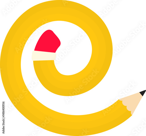 Curved graphic path, shaped like a wooden graphite pencil with an eraser tip, in a spiral shape