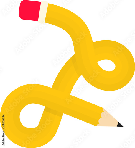 Curved graphic path, shaped like a wooden graphite pencil with an eraser tip, with two loops and curves