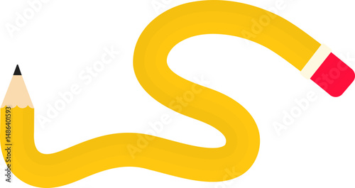 Wavy graphic line with sinuous curves, in the shape of a wooden graphite pencil with an eraser tip, to point out information in the design