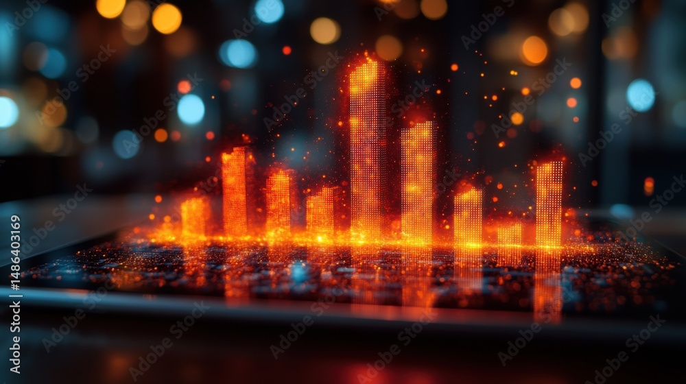 Visual representation of digital financial data analysis with vibrant orange bars and glowing lights in a modern workspace Visual representation of digital financial data analysis with vibrant orange bars and glowing lights in a modern workspace