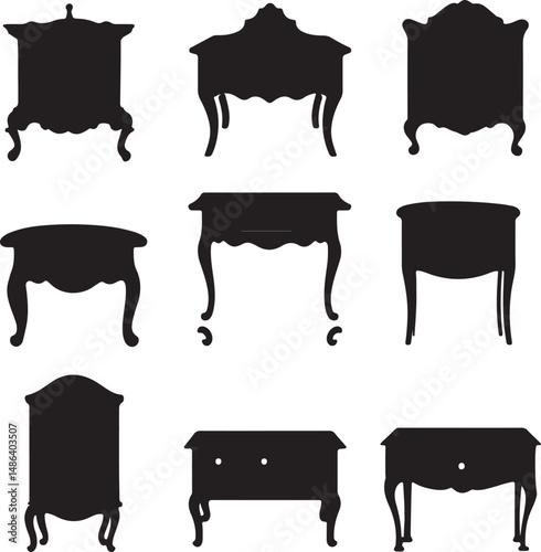 Antique Furniture Silhouettes: Ornate Tables & Dressers Vector Graphics