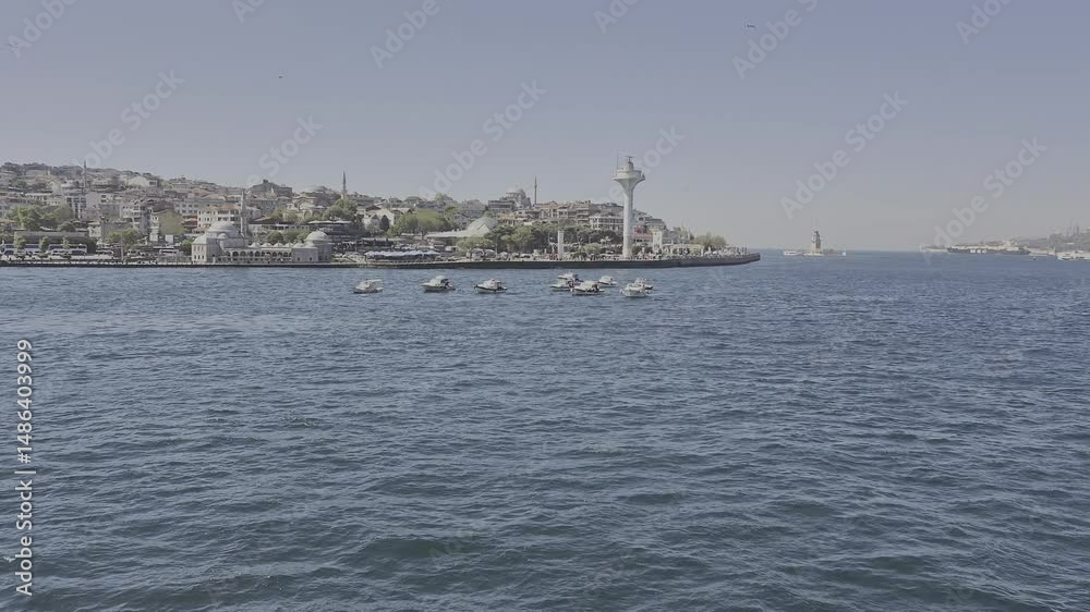 Images of historical Istanbul and the Bosphorus. The video includes tourists, ferries and flying birds. Hagia Sophia. Sultan Ahmet Mosque. Suleymaniye. Eminonu. Sirkeci. Horizontal video.