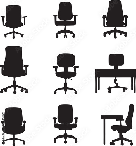 Office Chair Silhouettes: Ergonomic, Swivel, Desk Chairs Vector Set