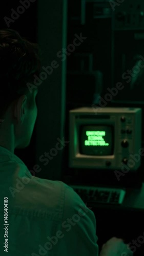 A green screen with the words 