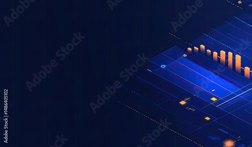 Abstract digital graphic design of interconnected data, charts, and lines in vibrant blue and orange on dark background. Complex system of overlapping geometric shapes and glowing elements 