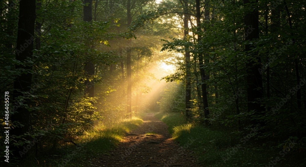 Obraz premium Sunlit Path Through Misty Green Forest