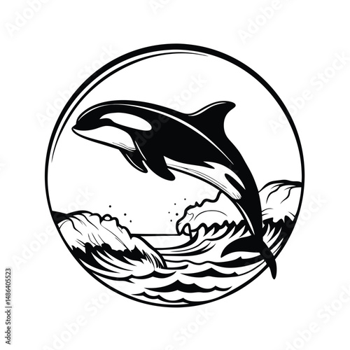 Killer Whale Breaching Circle Frame, Black and White Orca Leaping Over Waves