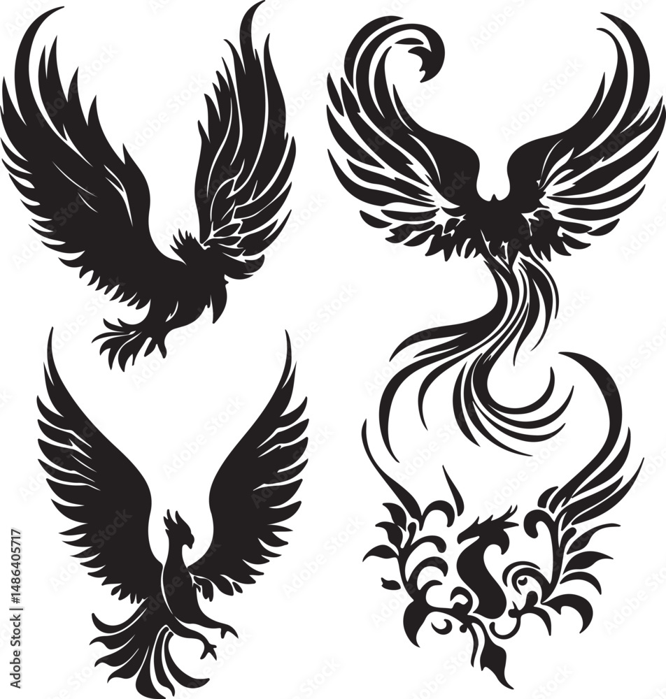 Obraz premium Phoenix Bird Silhouette Vector Art: Mythical Creature Design Images