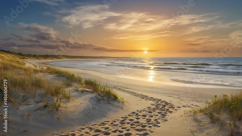 Wallpaper Mural Beautiful coastal landscape with sun setting over the ocean waves at a sandy beach with clear blue skies. Torontodigital.ca