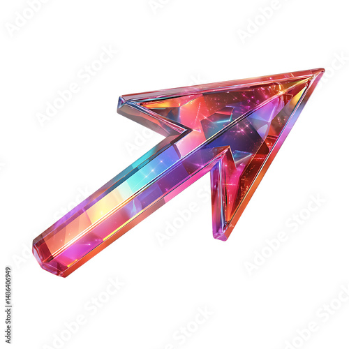 A Holographic Arrow with Shifting Prismatic Colours Isolated on Transparent Background