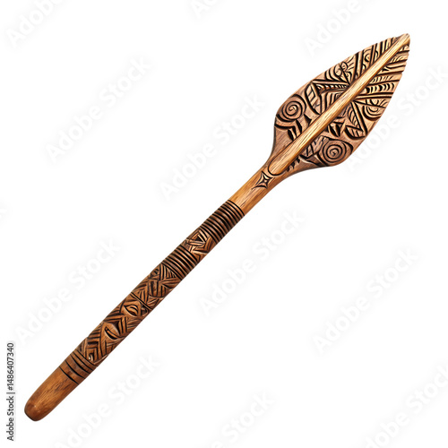 A Wooden Arrow with Maori Tribal Carvings Isolated on Transparent Background