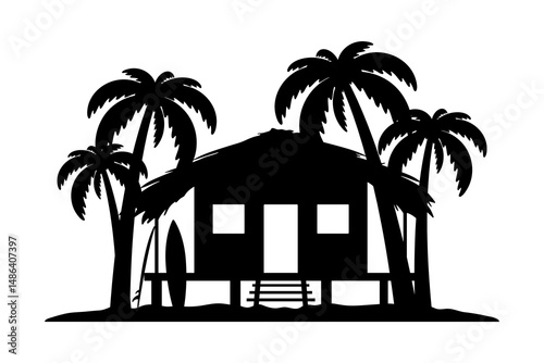 Bungalow, palm trees and surfboard icon. Black silhouette. Front view. Vector simple flat graphic illustration. Isolated object on white background. Isolate.