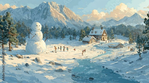 Winter Wonderland A Snowman and Children Playing in a Snowy Landscape with Mountain Backdrop