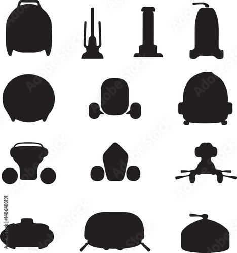 Black Silhouette Icon Set: Vacuum Cleaner Appliance Collection